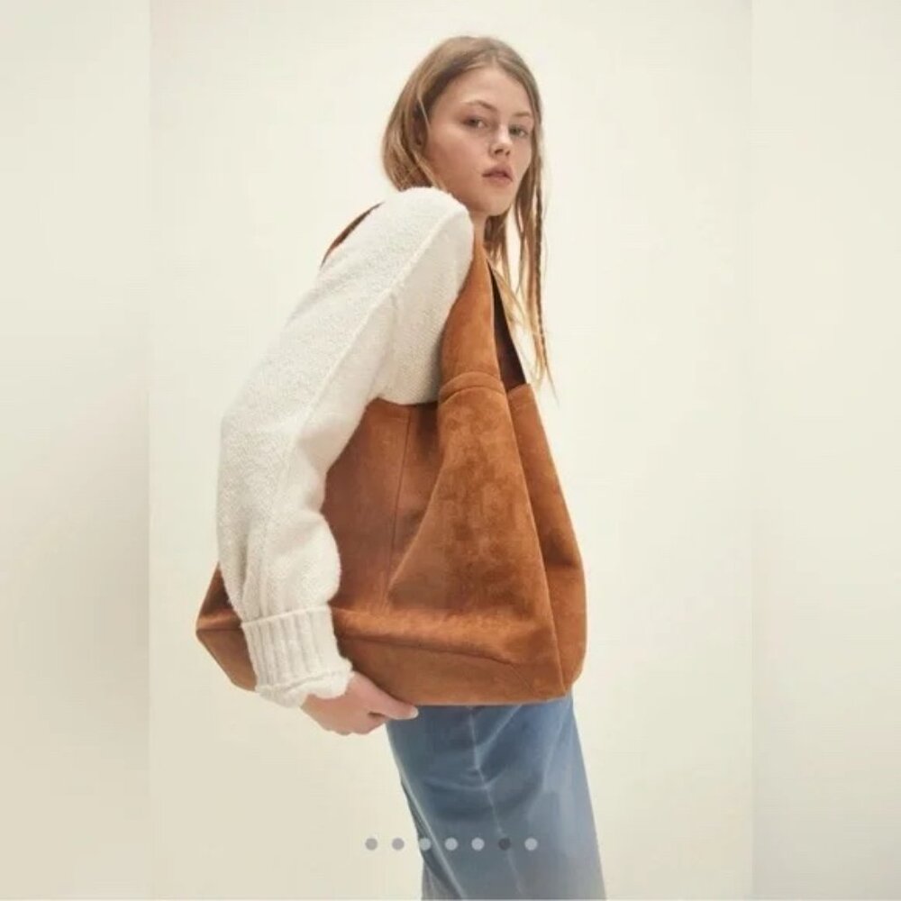 New Free People Blair Reversible Vegan Suede Tote Bag in Camel Tan Brown